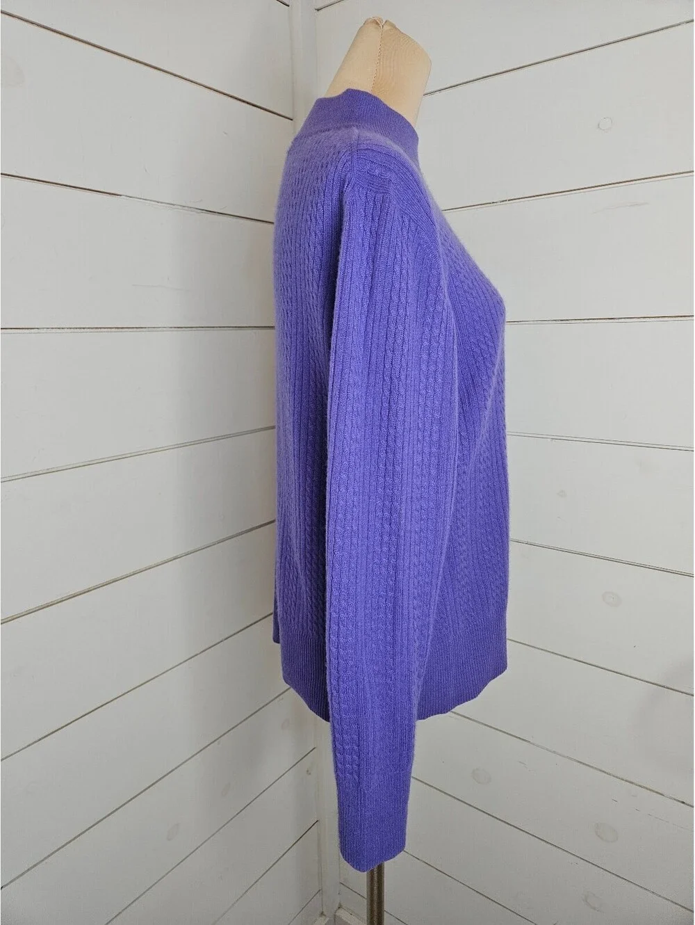 Investments large purple cable knit 100% cashmere mock neck sweater